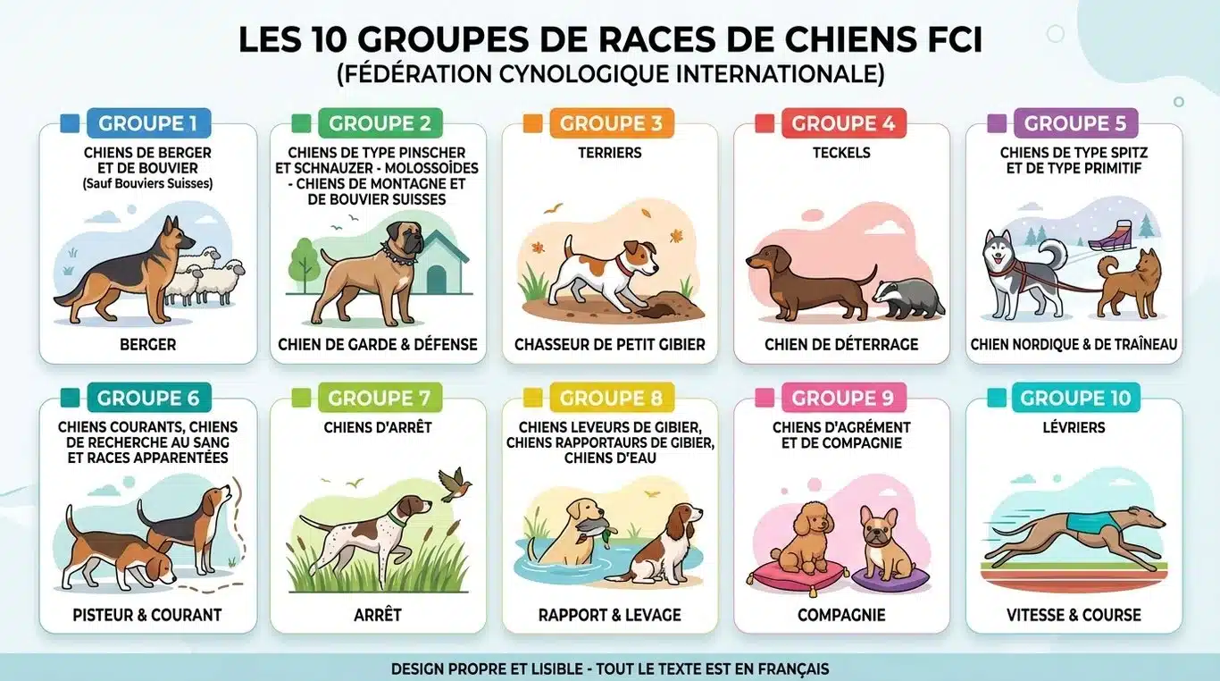 Infographie des 10 groupes de races de chiens selon la classification FCI