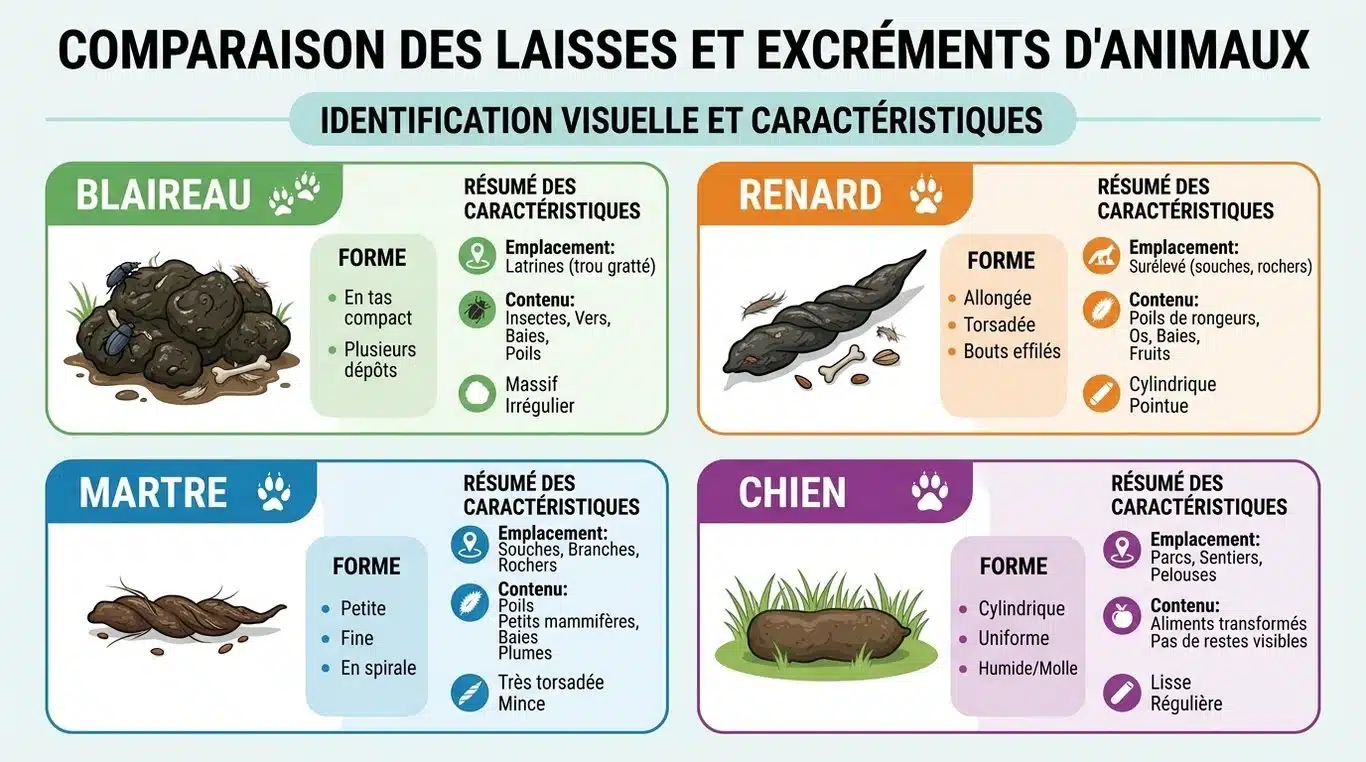 Infographie comparative des déjections de blaireau, renard, fouine et chien pour une identification facile.