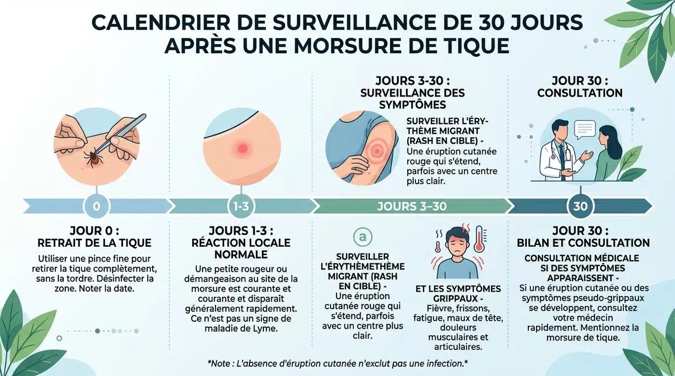 Infographie de suivi post-piqûre de tique : calendrier des 30 jours et symptômes d'alerte