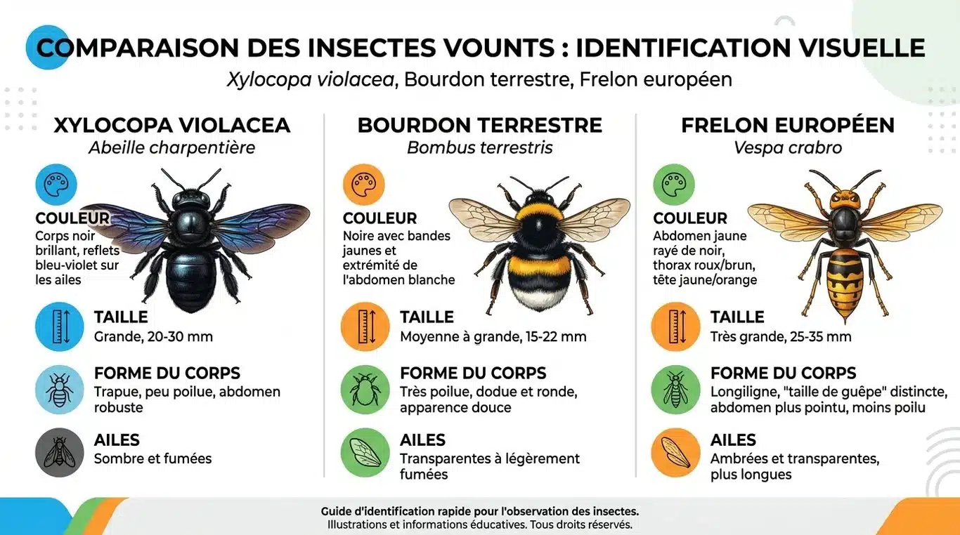 Infographie comparative : abeille charpentière, bourdon terrestre et frelon européen pour une identification rapide