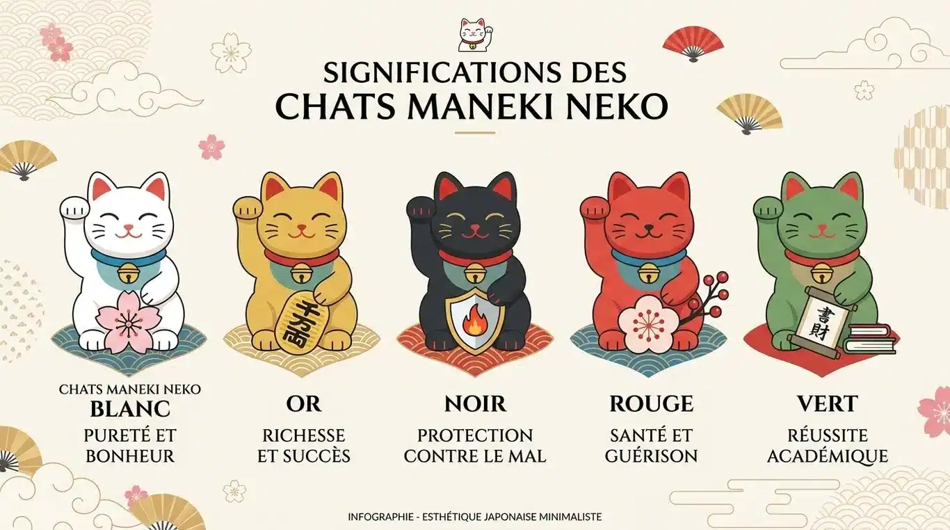 Infographie des significations des couleurs du Maneki Neko