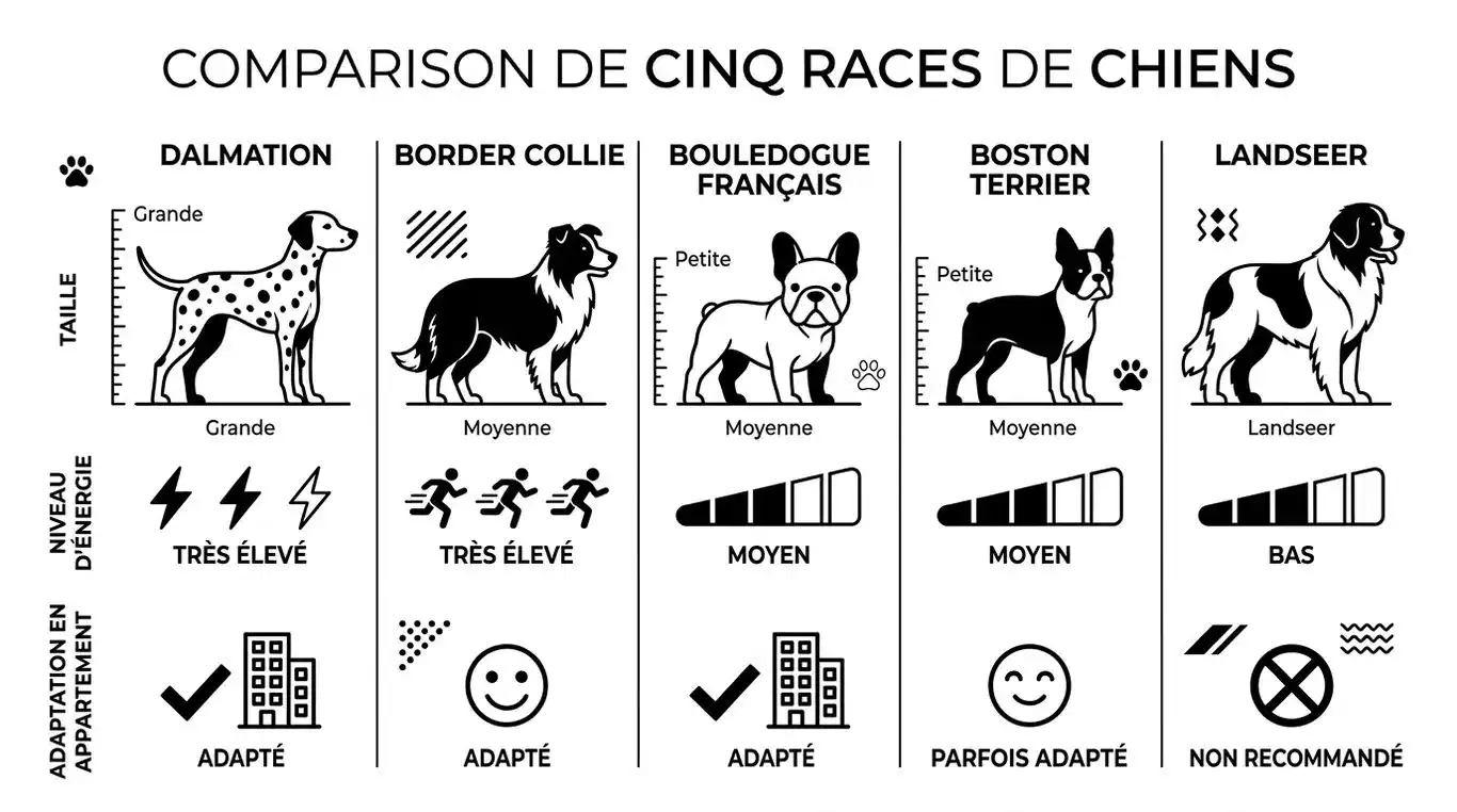 Infographie comparative des races de chiens blancs et noirs : Dalmatien, Border Collie, Bouledogue Français, Boston Terrier et Landseer.