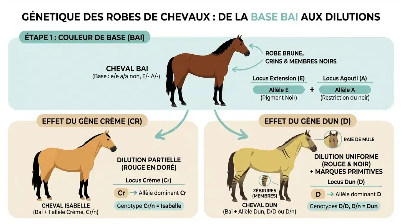 Infographie explicative de la génétique des robes de chevaux : différence entre gène Crème et gène Dun.
