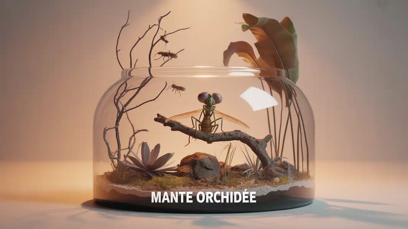 mante orchidée en camouflage floral, terrarium tropical