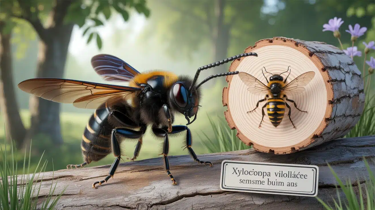 Xylocopa violacea creusant le bois mort, jardin