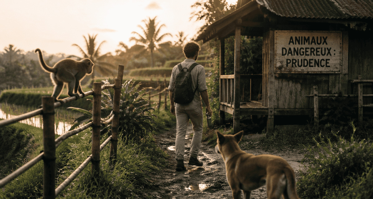 bali animaux dangereux voyageur chien singe rizière