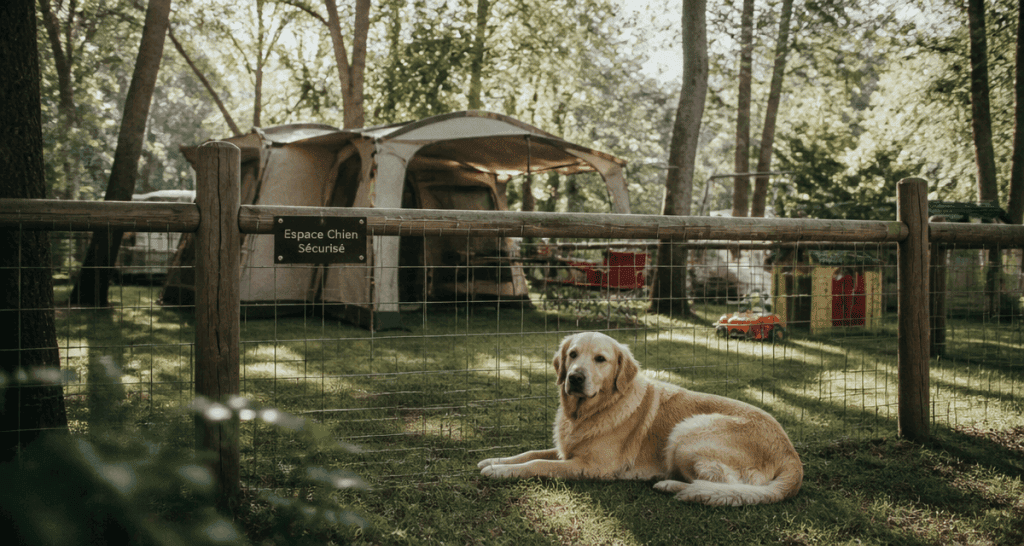 camping avec emplacement clôturé pour chien, détente et sécurité