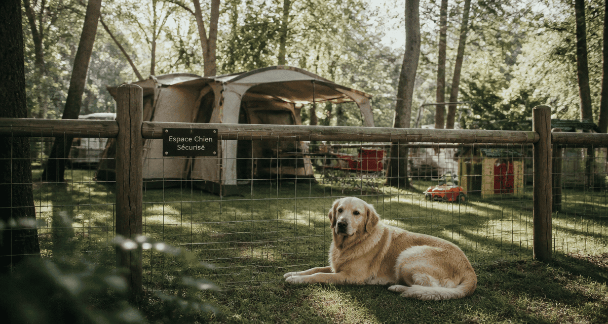 camping avec emplacement clôturé pour chien, détente et sécurité