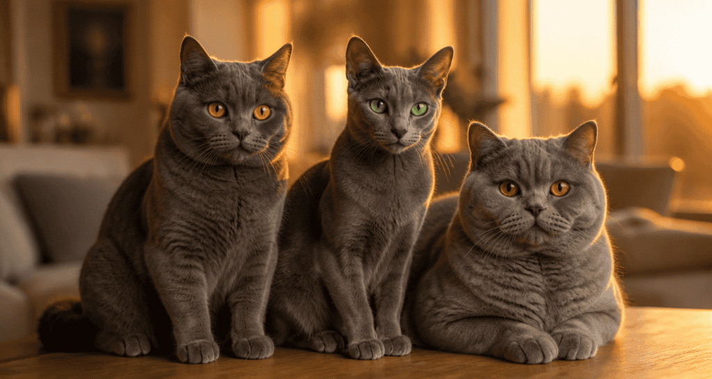 Trois chats gris bleu races Chartreux Bleu Russe British Shorthair