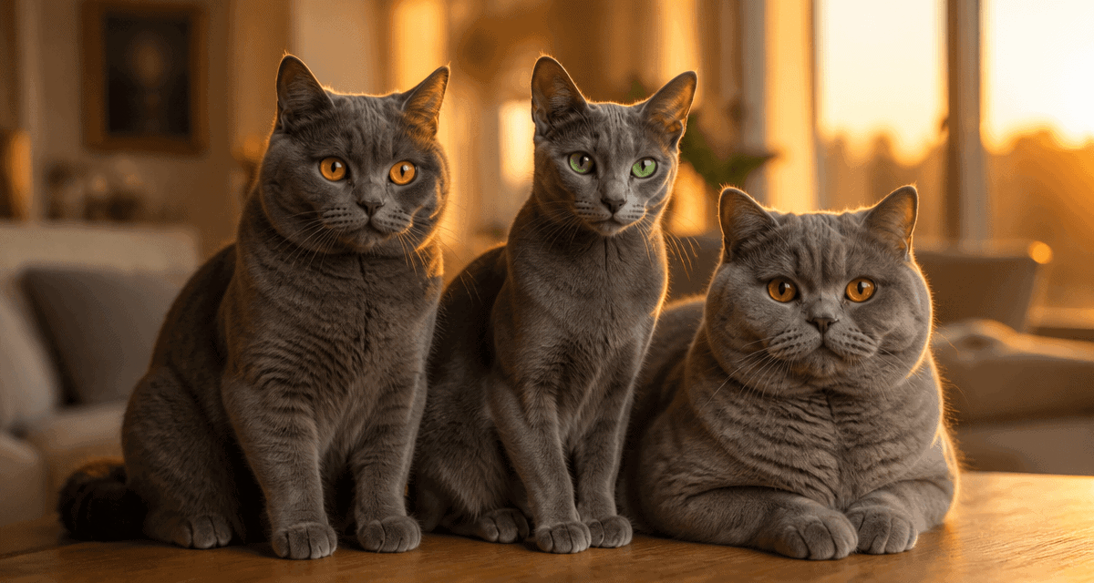 Trois chats gris bleu races Chartreux Bleu Russe British Shorthair