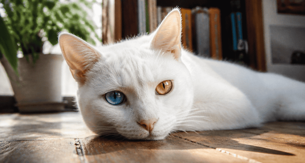 Chat yeux vairons allongé parquet