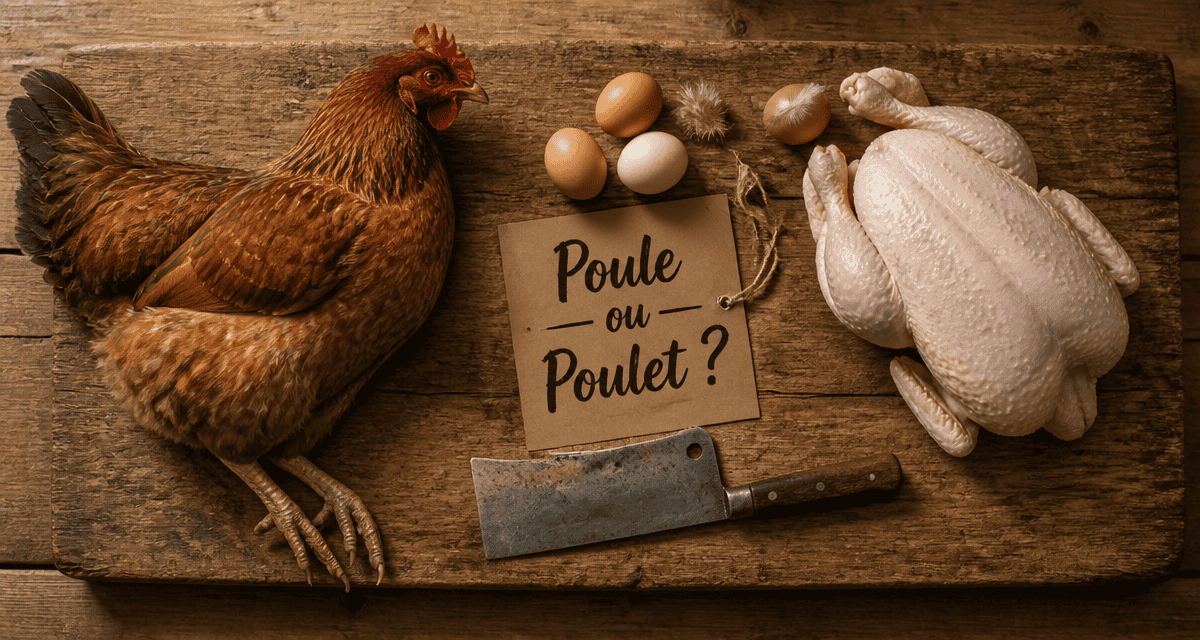 difference poulet poule sur planche en bois