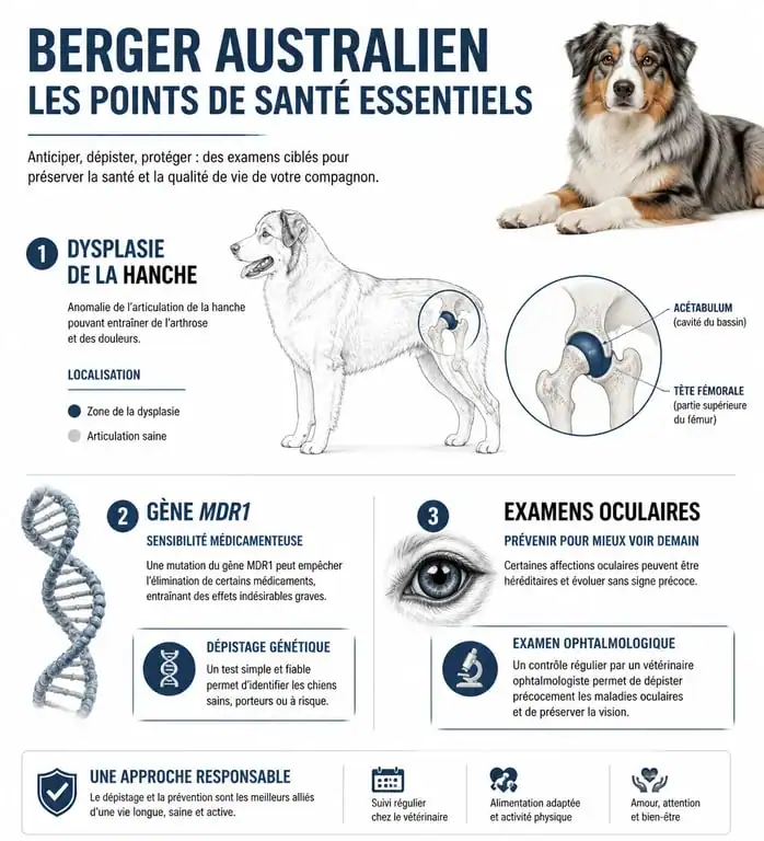 Points de vigilance santé pour l'adoption d'un berger australien : dysplasie, gène MDR1 et examens oculaires