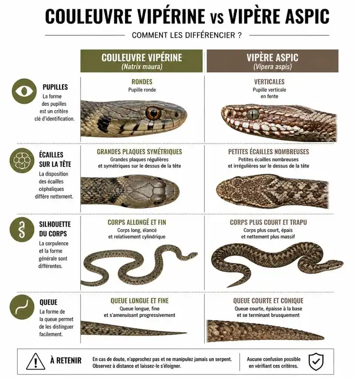 Infographie comparative pour identifier une couleuvre vipérine et une vipère aspic