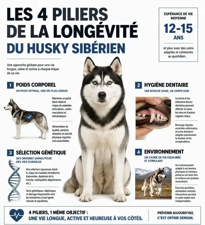 Infographie sur les facteurs influençant l'espérance de vie du Husky Sibérien
