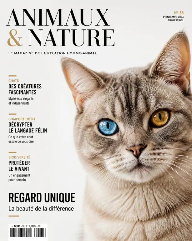Chat aux yeux vairons (hétérochromie) : portrait d'un chat avec un œil bleu et un œil ambre.
