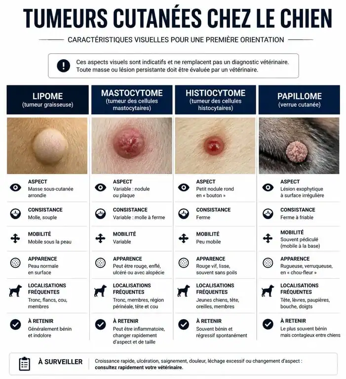 Comparatif visuel des types de tumeurs cutanées chez le chien pour identification