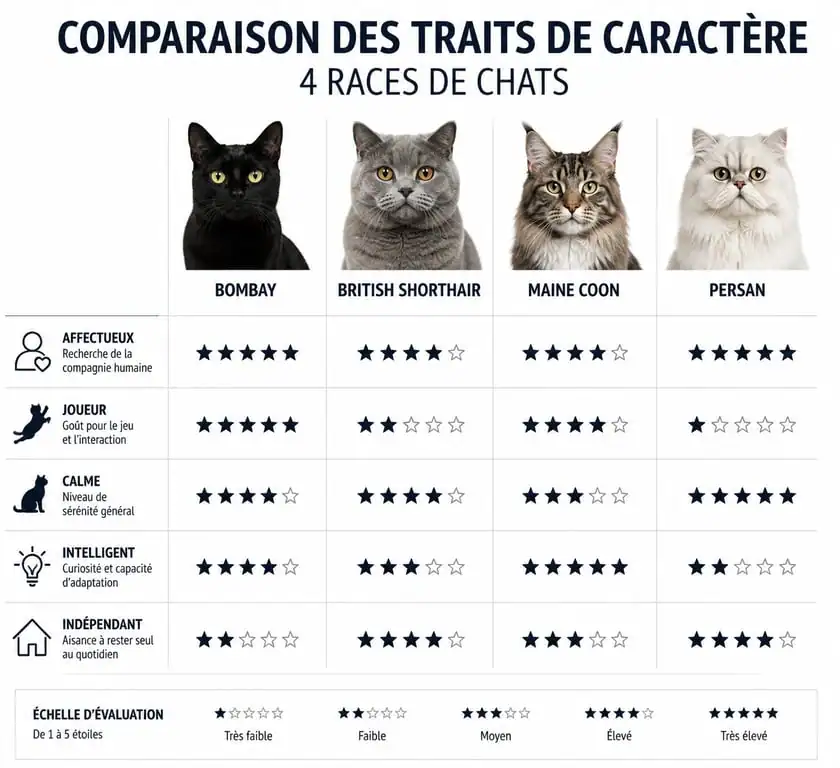 Infographie comparative des traits de caractère des chats noirs selon la race : Bombay, British Shorthair, Maine Coon et Persan.