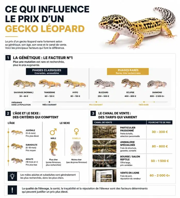Infographie des facteurs de prix et mutations du gecko léopard