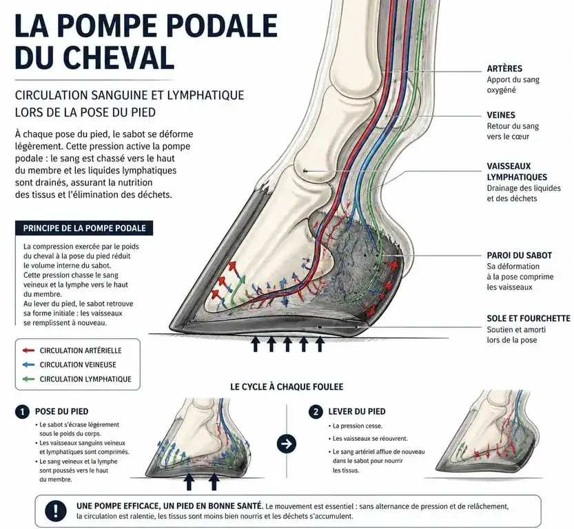 Schéma explicatif du fonctionnement de la pompe podale chez le cheval pour comprendre l'engorgement