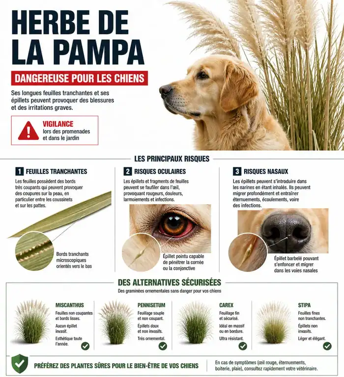 Infographie des risques de l'herbe de la pampa pour les chiens et alternatives sécurisées