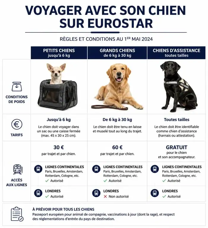 Infographie des règles de transport pour voyager avec un chien en Eurostar