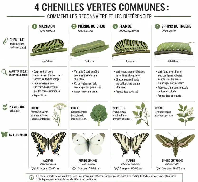 Infographie comparative pour l'identification des chenilles vertes au jardin : Machaon, Piéride, Flambé et Sphinx.