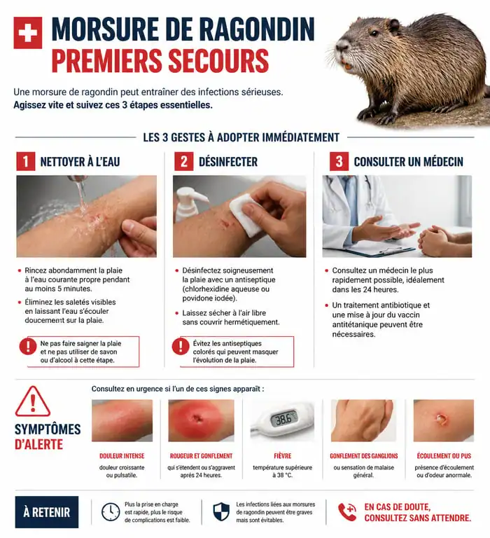 Infographie des premiers soins en cas de morsure de ragondin et symptômes à surveiller
