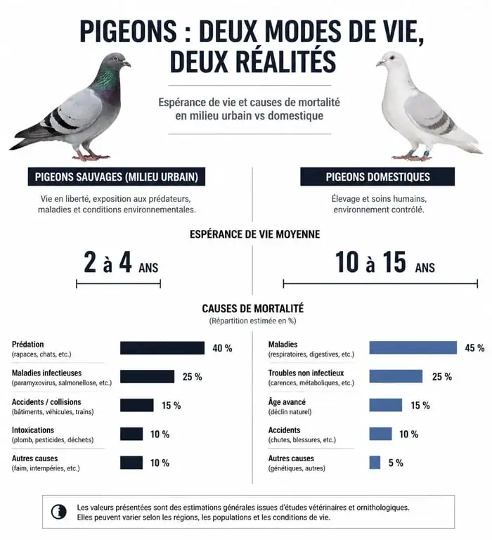 Infographie comparative de l'espérance de vie du pigeon sauvage et du pigeon domestique