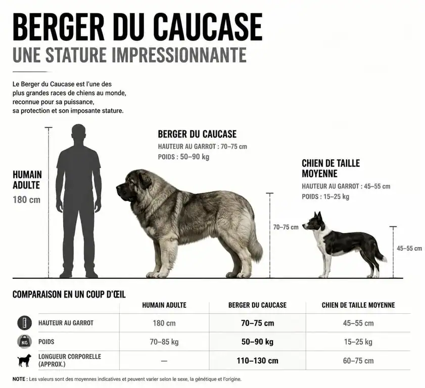 Infographie comparative de la taille du Berger du Caucase géant par rapport à un humain