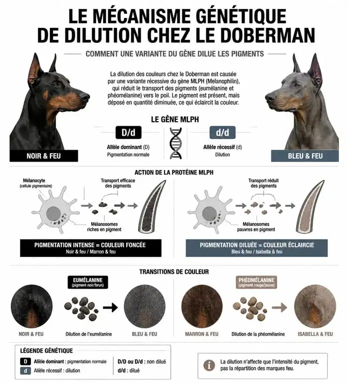 Schéma explicatif du gène de dilution chez le Doberman gris