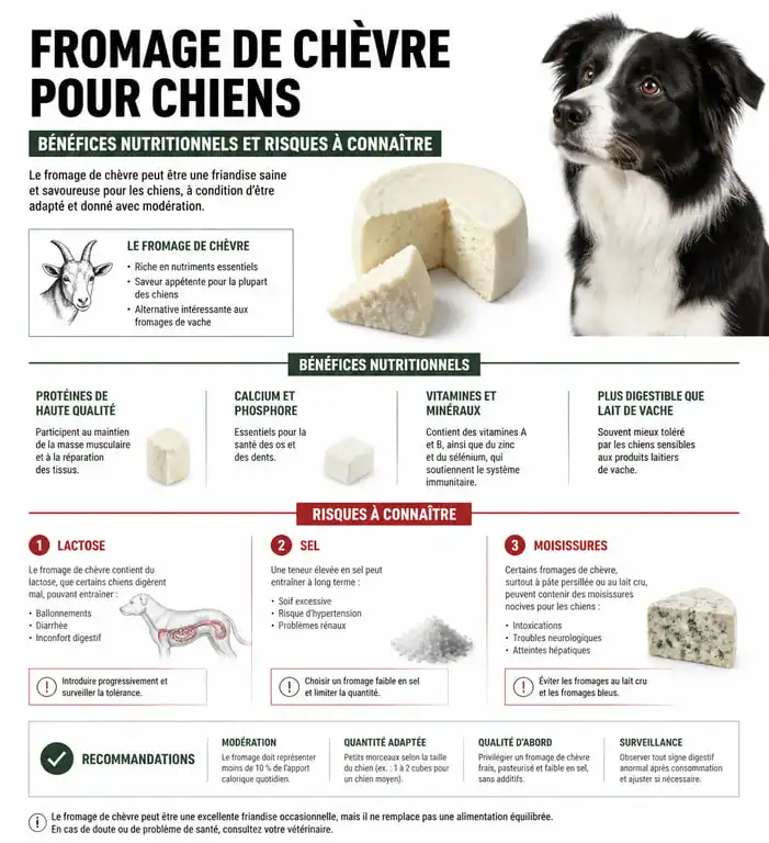 Infographie sur les risques et bienfaits du fromage de chèvre pour chien