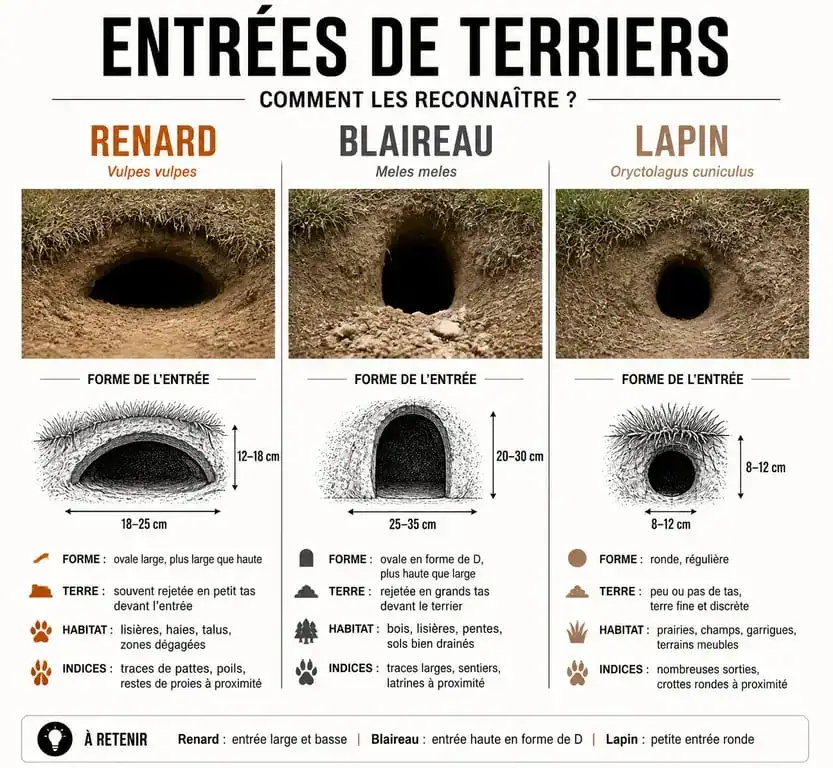 Infographie comparative des terriers de renard, blaireau et lapin pour identification