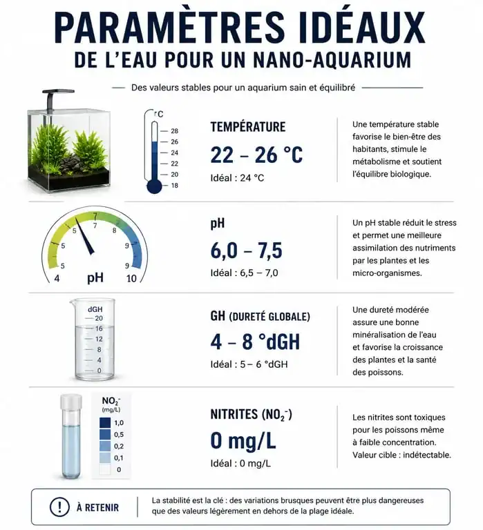 Paramètres de l'eau pour un nano-aquarium : guide visuel des valeurs idéales pour petits poissons
