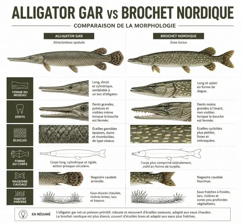 Comparaison morphologique entre le brochet crocodile et le brochet commun