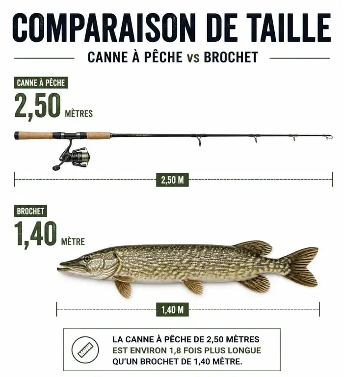 Comparaison visuelle entre la taille record d'un brochet et une canne à pêche de 2m50