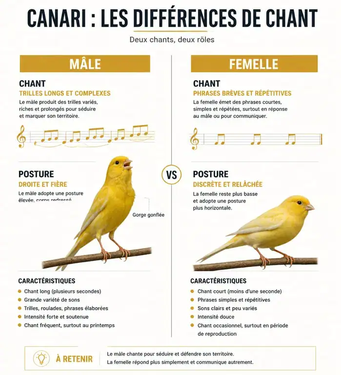 Infographie comparative des caractéristiques du chant du canari mâle et du chant du canari femelle