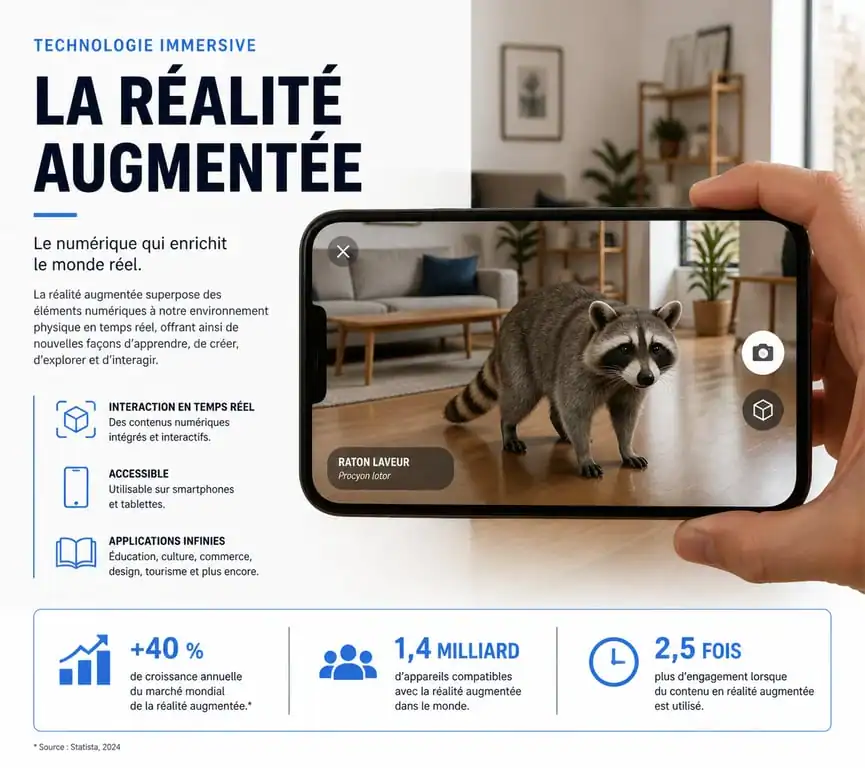 Visualisation d'un raton laveur en réalité augmentée dans un salon