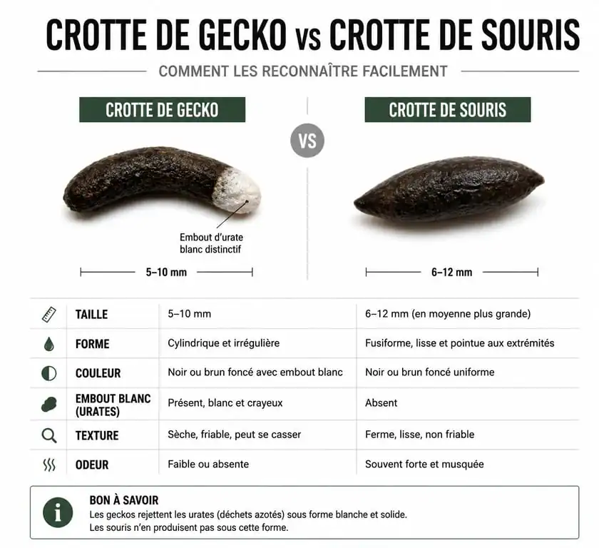Comparaison visuelle entre une crotte de gecko et une crotte de souris pour identification