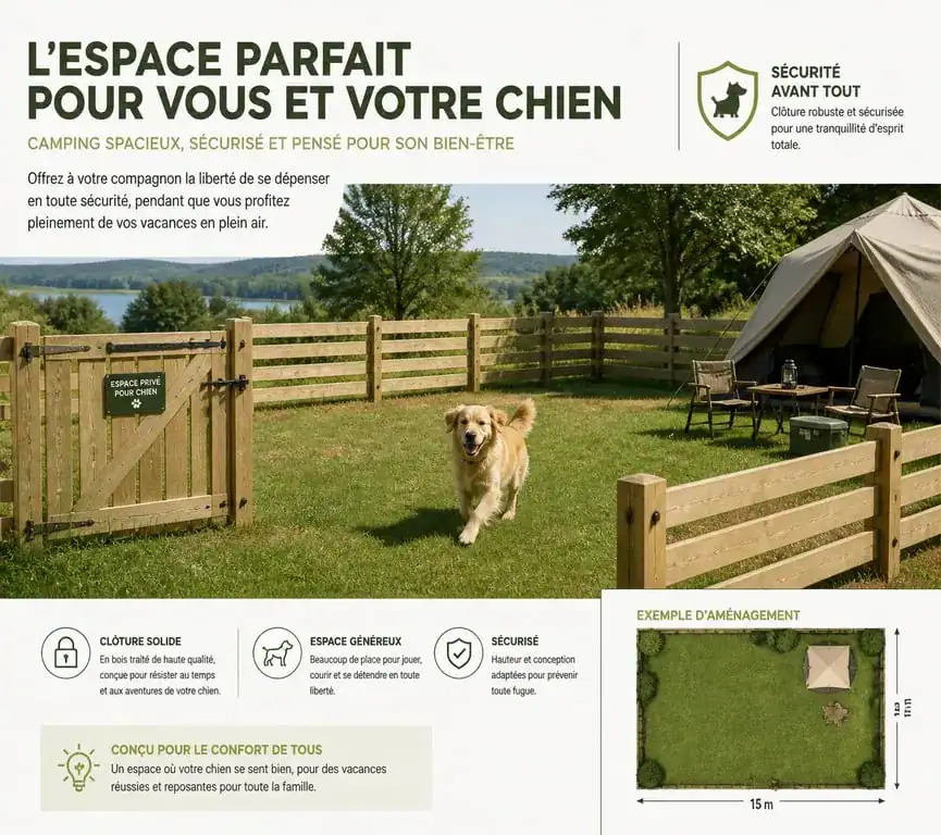 Emplacement de camping clôturé pour chien sécurisé et confortable