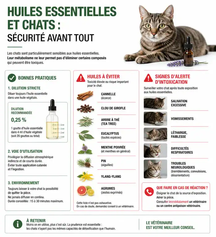 Infographie sécurité huiles essentielles chat pipi et précautions