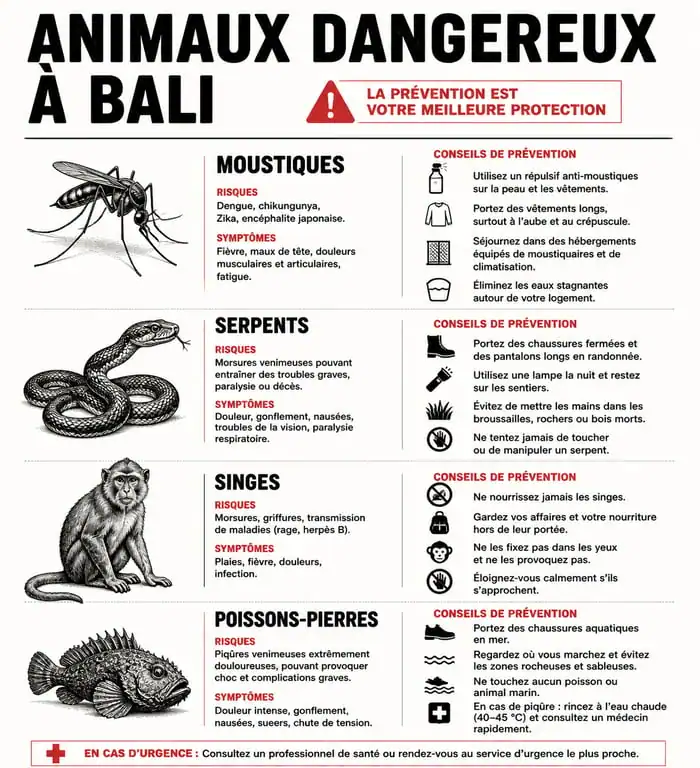 Infographie des animaux dangereux à Bali et conseils de prévention pour les voyageurs