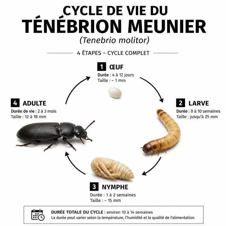 Cycle de vie du ténébrion meunier pour l'élevage de vers de farine pour poules