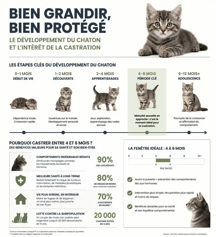 Infographie sur l'âge idéal pour la castration du chat et ses bienfaits sur la santé