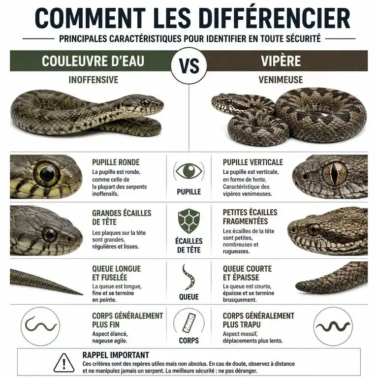 Infographie comparative pour identifier un serpent d'eau douce inoffensif d'une vipère venimeuse