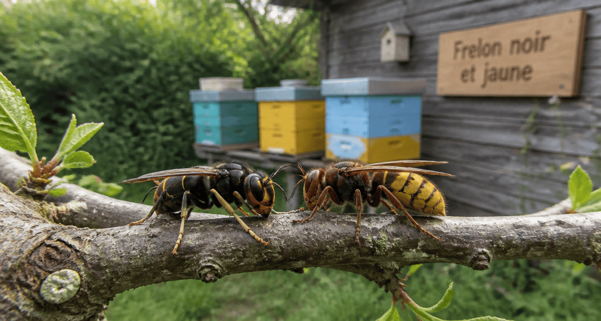 frelon noir et jaune côte à côte sur une branche