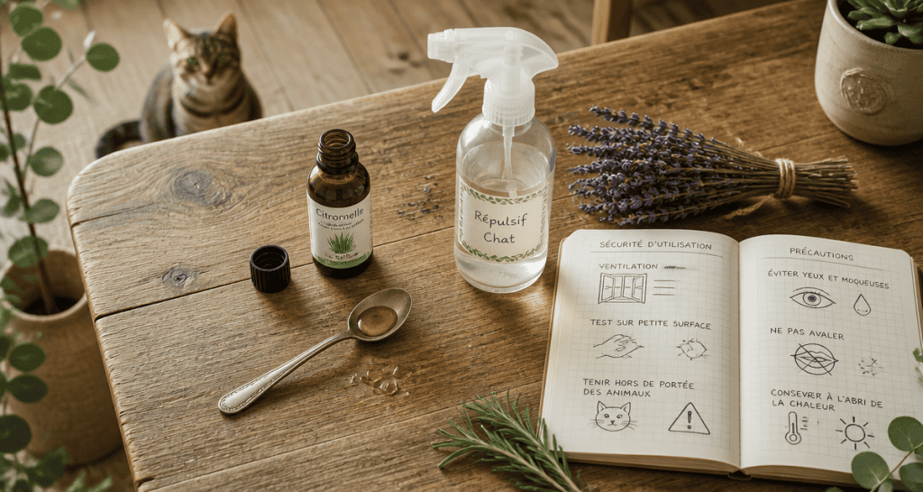 huile essentielle chat pipi sur table avec spray et lavande