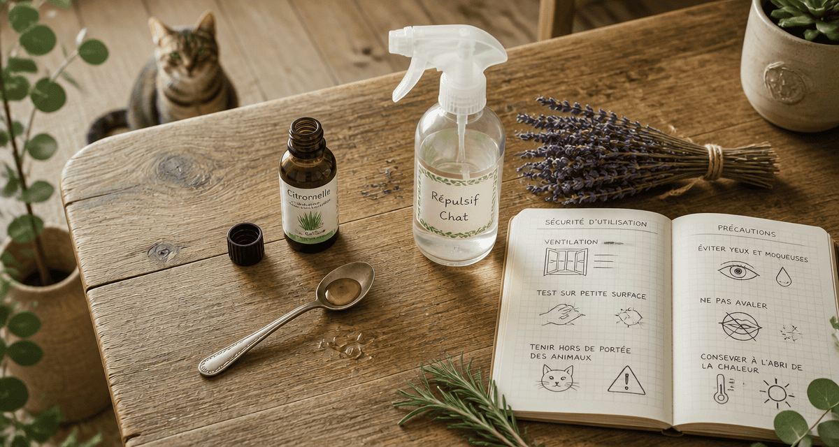 huile essentielle chat pipi sur table avec spray et lavande