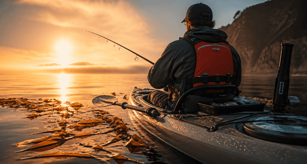 peche en kayak sur mer calme au lever du soleil