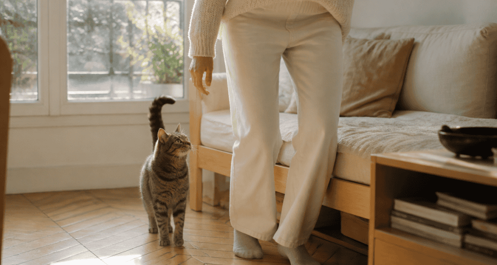 pourquoi mon chat me suit partout chat tigré suit femme salon